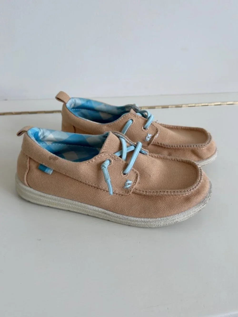 Cat & Jack Kids Canvas Boat Shoes Tan Blue Size 12